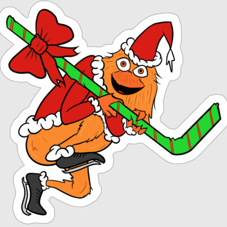 Gritty stealing a hockey stick wrapped in holiday paper.