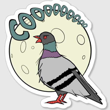 A scruffy pigeon in front of a full moon. It says COOOOOOO.