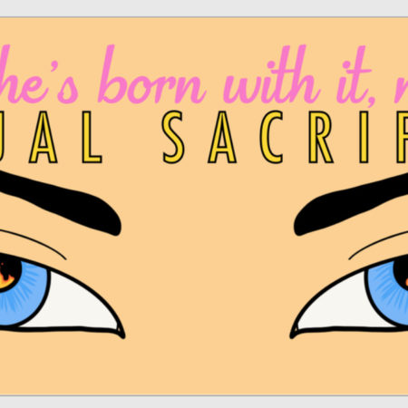 A set of eyes reflecting fire. The text reads "Maybe she's born with it, maybe it's ritual sacrifice."